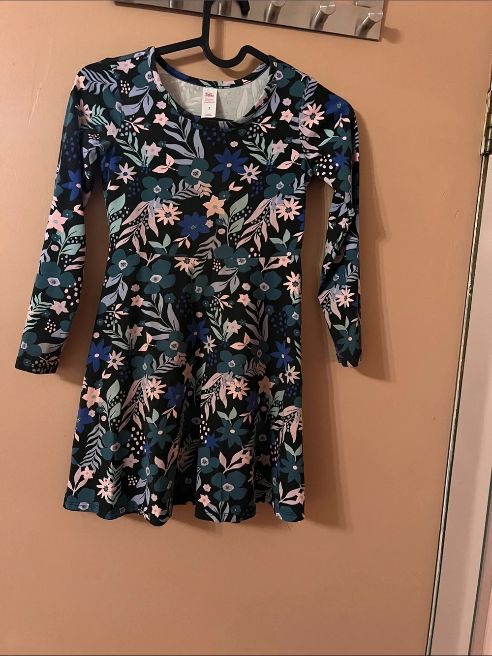 Justice Floral Long Sleeve Swing Dress - Black with Teal & Pink